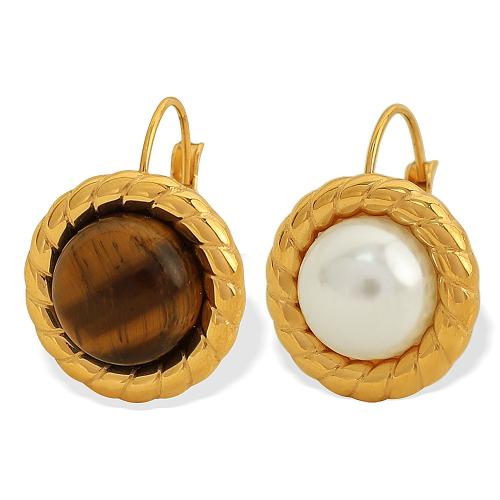 Stainless Steel Lever Terug Earring, 304 roestvrij staal, met Tiger Eye & Plastic Pearl, mode sieraden & voor vrouw, gouden, 18.80x18.80mm, Verkocht door pair