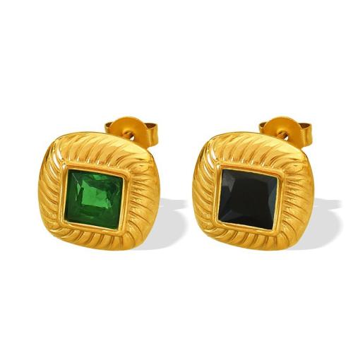 Roestvrij staal Stud Earrings, 304 roestvrij staal, met Glazen steen, 18K verguld, mode sieraden & voor vrouw, gouden, 12x12mm, Verkocht door pair