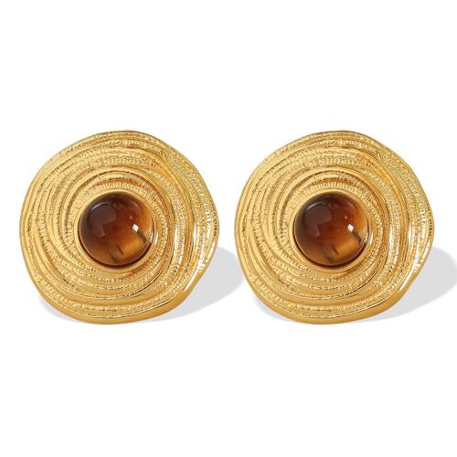 Stainless Steel Stud Øreringe, 304 rustfrit stål, med Tiger Eye, mode smykker & for kvinde, gylden, 22.80x23.20mm, Solgt af par