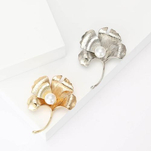 Zinc Alloy Brooches with Plastic Pearl Ginkgo Leaf plated for woman nickel lead & cadmium free Sold By PC