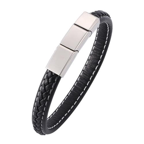 PU Leather Cord Bracelets 304 Stainless Steel with Magnet & PU Leather Vacuum Ion Plating & for couple Sold By PC