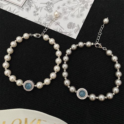 Gloine Pearl Bracelet, le Aquamarine & Prás, le 2inch slabhra extender, lámhdhéanta, seanré & do bhean, dathanna níos mó le haghaidh rogha, Fad Thart 5.9 Inse, Díolta De réir PC