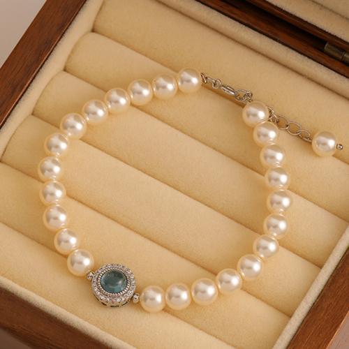 Glass Pearl Armbånd, med Akvamarin & Messing, med 1inch extender kæde, forgyldt, Micro Pave cubic zirconia & for kvinde, Længde Ca. 6.5 inch, Solgt af PC