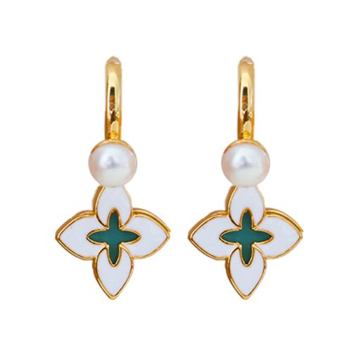 Brass Huggie Hoop Drop Earring with Freshwater Pearl Four Leaf Clover gold color plated for woman & enamel 30mm Sold By Pair