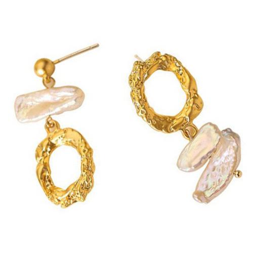 Brass Asymmetric Earrings with Freshwater Pearl Geometrical Pattern plated for woman & hollow Sold By Pair