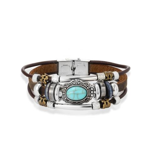 cuir de peau de vache bracelet, avec turquoise & corde de cire & Oeil de chat & alliage de zinc, fait à la main, Vintage & unisexe, plus de couleurs à choisir, Longueur Environ 7.8 pouce, Vendu par PC