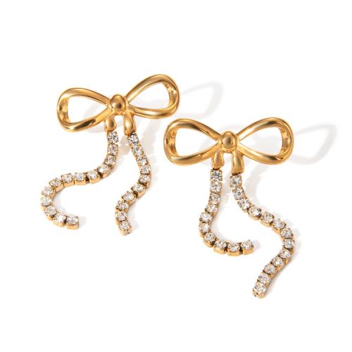 Stainless Steel Drop Earring 304 Stainless Steel Bowknot 18K gold plated fashion jewelry & for woman & with rhinestone golden Sold By Pair