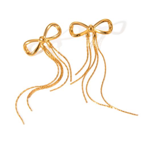 Fashion Fringe Boucles d'oreilles, Acier inoxydable 304, Noeud papillon, Plaqué or 18K, bijoux de mode & pour femme, doré, 27x78mm, Vendu par paire