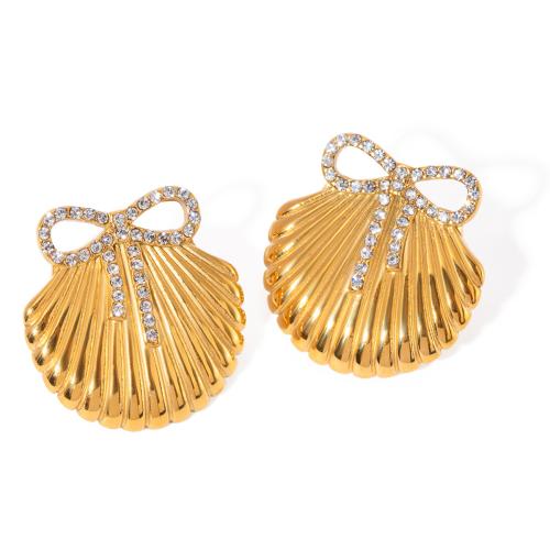 Stainless Steel Stud Earrings 304 Stainless Steel Shell 18K gold plated fashion jewelry & for woman & with rhinestone golden Sold By Pair