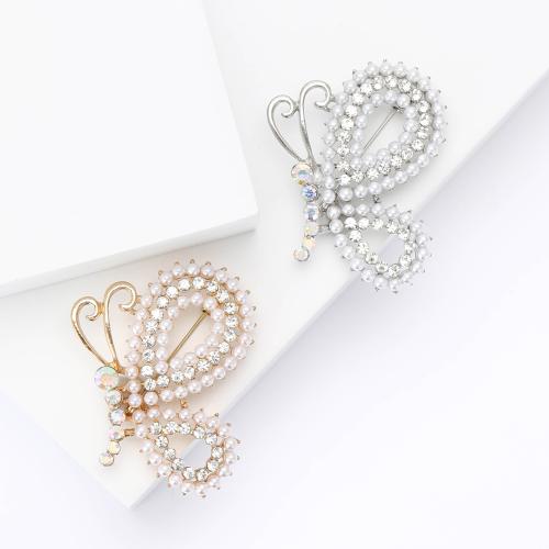 Zinc Alloy Brooches with Plastic Pearl Butterfly plated for woman & with rhinestone nickel lead & cadmium free Sold By PC