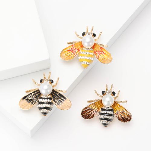 Zinc Alloy Brooches with Plastic Pearl Bee plated for woman & enamel & with rhinestone nickel lead & cadmium free Sold By PC