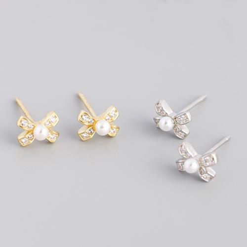 Cubic Zirconia micro pavimenta Sterling Silver Earring, 925 argento sterlina, with perla in plastica, Micro spianare cubic zirconia & per la donna, nessuno, 5.20x7mm, Venduto da coppia