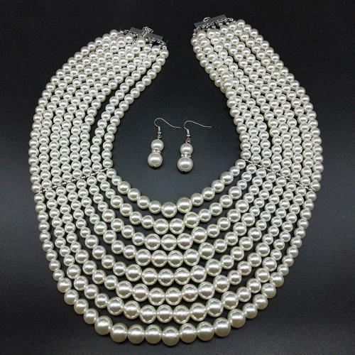 Plastic Pearl Sieraden set, oorbel & halsketting, met Zinc Alloy, Ronde, handgemaakt, 2 stuks & multilayer & voor vrouw, Lengte Ca 16-20 inch, Verkocht door PC