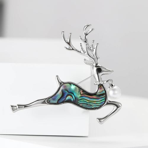 Zinc Alloy Brooches with Abalone Shell & Plastic Pearl Deer silver color plated for woman & with rhinestone green nickel lead & cadmium free Sold By PC