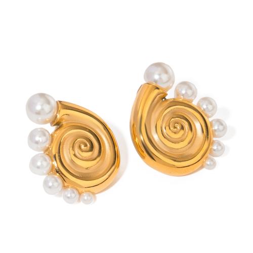 Roestvrij staal Stud Earrings, 304 roestvrij staal, met Shell Pearl, Schelp, 18K verguld, mode sieraden & voor vrouw, 29.10x24.30mm, Verkocht door pair