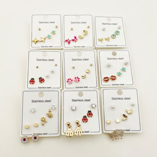 Stainless Steel Stud Earrings 304 Stainless Steel with Plastic Pearl plated & for woman & enamel & with rhinestone Sold By Set