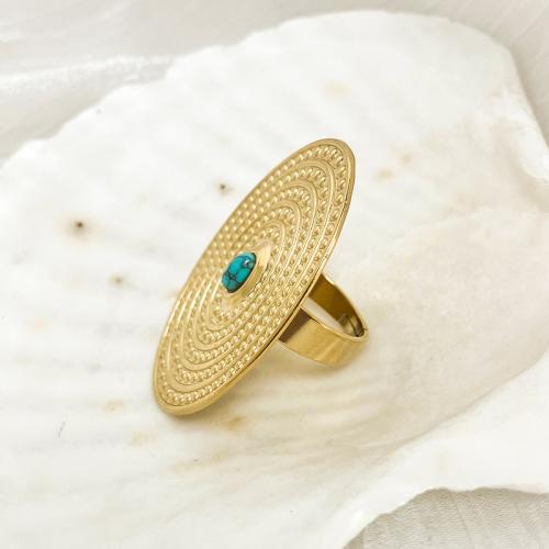 Bague en acier inoxydable, Acier inoxydable 304, avec turquoise, Placage de couleur d'or, pour femme, Vendu par PC