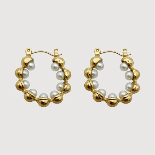 Stainless Steel Lever Terug Earring, 304 roestvrij staal, met Plastic Pearl, gold plated, voor vrouw, Verkocht door PC