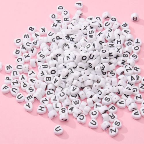 Alphabet Akril gyöngyök, Szív, DIY & zománc, fehér, aboutuff1a4.5mm-7mm, Lyuk:Kb 1.3-1.5mm, 100PC-k/Bag, Által értékesített Bag