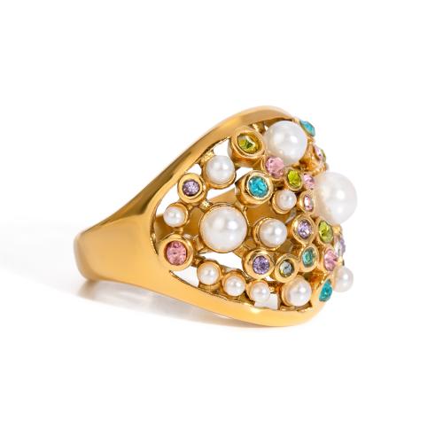 Anillo de dedo acero inoxidable del Rhinestone, acero inoxidable 304, con Perlas plásticas, Joyería & para mujer & con diamantes de imitación, dorado, Vendido por UD