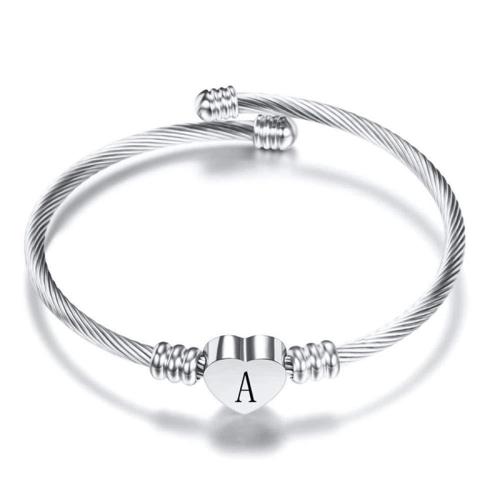 Cruach dhosmálta Bangle, 304 Cruach dhosmálta, snasta, Tá litreacha ó A go Z & unisex & dearaí éagsúla do rogha, dath bunaidh, Díolta De réir PC