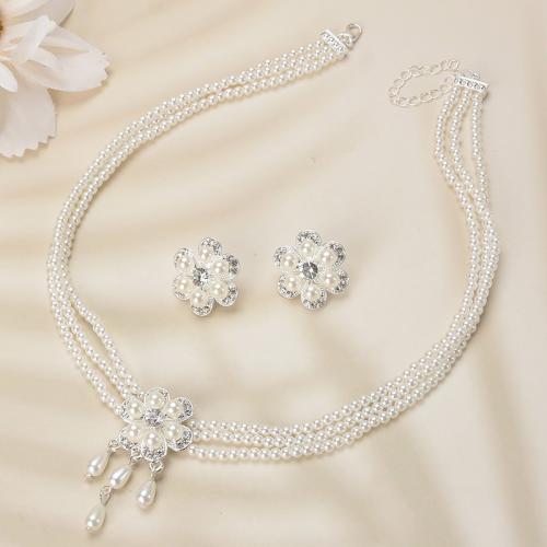 Zinklegering Sieraden Sets, Stud Oorbel & halsketting, Zinc Alloy, met Plastic Pearl, met 5cm extender keten, mode sieraden & voor vrouw & met strass, Lengte Ca 42 cm, Verkocht door Stel