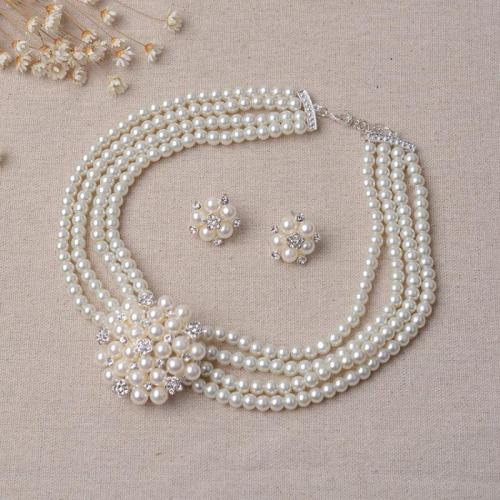 Zinc Alloy Jewelry Sets Stud Earring & necklace with Plastic Pearl fashion jewelry & for bridal & with rhinestone Sold By Set