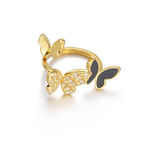 Anillo de dedo acero inoxidable del Rhinestone, acero inoxidable 304, Mariposa, 18K chapado en oro, Joyería & para mujer & con diamantes de imitación, dorado, Vendido por UD