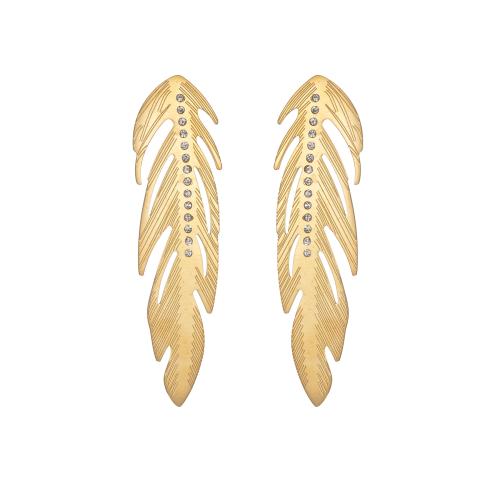 Roestvrij staal Stud Earrings, 304 roestvrij staal, Veer, mode sieraden & voor vrouw & met strass, gouden, 19x70mm, Verkocht door pair