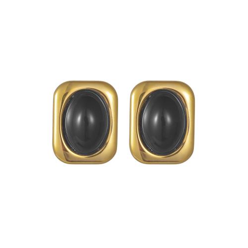 Roestvrij staal Stud Earrings, 304 roestvrij staal, met Black Stone, 18K verguld, mode sieraden & voor vrouw, gouden, 15x19mm, Verkocht door pair