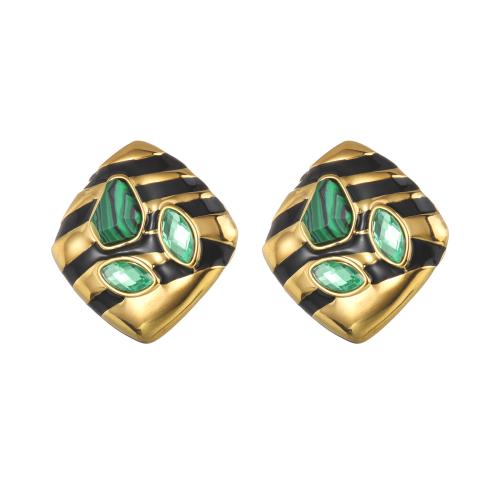 Roestvrij staal Stud Earrings, 304 roestvrij staal, met Malachiet, voor vrouw & glazuur & met strass, gouden, 34x34mm, Verkocht door pair