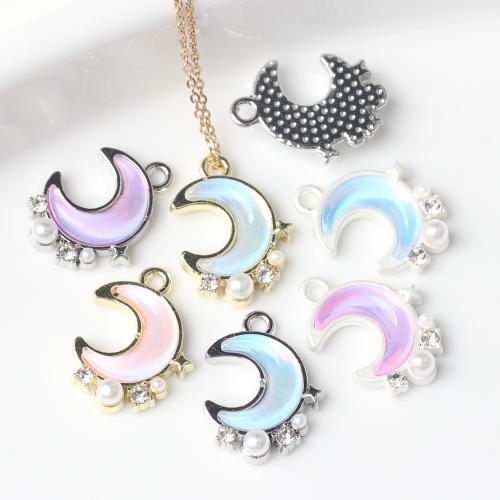 Résine Zinc Alloy pendentifs, alliage de zinc, avec résine & perle de plastique, lune, Placage, DIY & pavé de micro zircon, plus de couleurs à choisir, protéger l'environnement, sans nickel, plomb et cadmium, 18x13mm, 100PC/sac, Vendu par sac