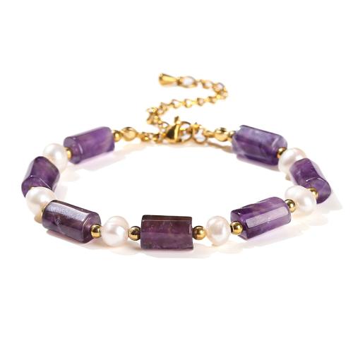 Piedras preciosas Pulsera, con Perlas cultivadas de agua dulce & acero inoxidable 304, Patrón Geométrico, hecho a mano, diferentes materiales para la opción & para mujer, longitud aproximado 6-8 Inch, Vendido por UD