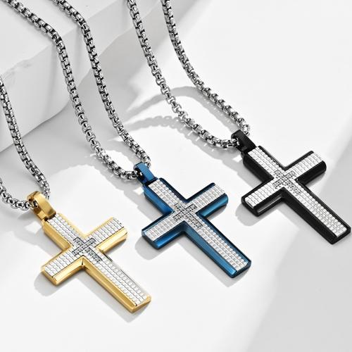 Stainless Steel Jewelry Necklace 304 Stainless Steel Cross & for man & with rhinestone Length Approx 60 cm Sold By PC