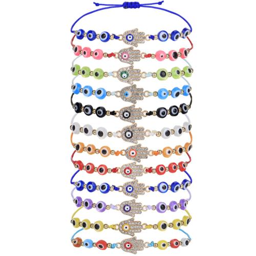 Evil Eye Jóias Pulseira, liga de zinco, with Cordão de Nó & resina, feito à mão, 12 peças & unissex & esmalte & com strass, cores misturadas, comprimento Aprox 18-36 cm, vendido por Defina