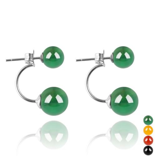 Stainless Steel Stud Earrings 304 Stainless Steel with Agate & 925 Sterling Silver for woman Sold By Pair