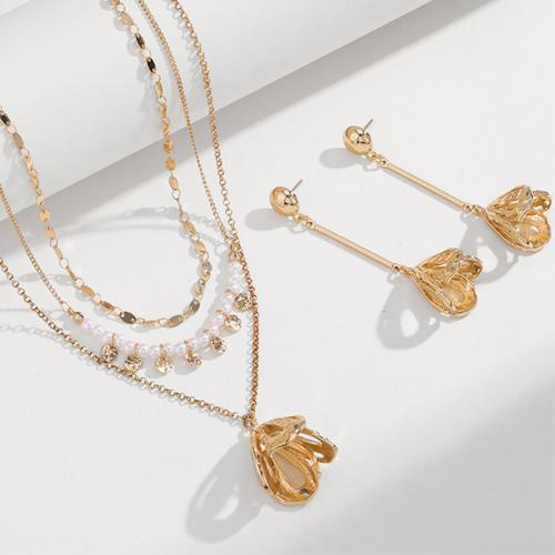 Zinc Alloy Jewelry Set with Plastic Pearl Flower gold color plated & for woman Sold By PC