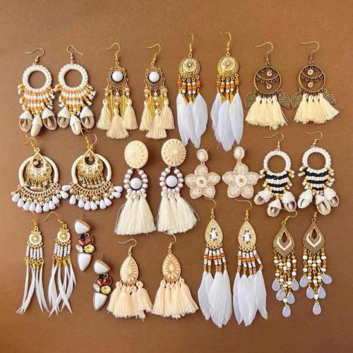 Zinc Alloy Drop Earring, med Seedbead & Feather, forgyldt, Boheme stil & forskellige stilarter for valg & for kvinde, earring length 80-130mm, Solgt af par