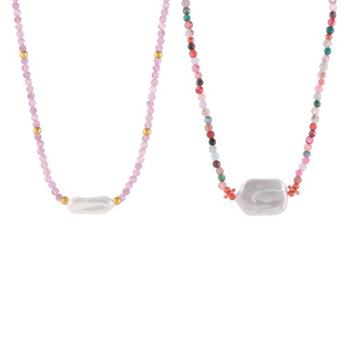 Collier d'acier titane, avec Pierre naturelle & perle de plastique, Plaqué or 18K, bijoux de mode & styles différents pour le choix & pour femme, Vendu par PC