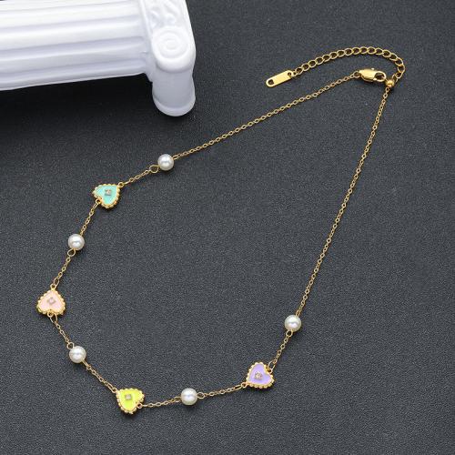 Collier d'acier titane, avec perle de plastique, Placage de couleur d'or, pour femme & émail & avec strass, protéger l'environnement, sans nickel, plomb et cadmium, Vendu par PC