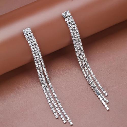 Fashion Fringe Boucles d'oreilles, strass, bijoux de mode & pour femme, argent, 100mm, Vendu par paire