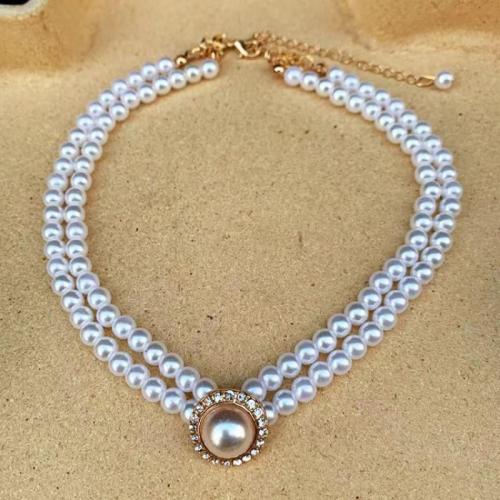 Fashion Choker Necklace Plastic Pearl with Zinc Alloy with 7cm extender chain Double Layer & fashion jewelry & for woman & with rhinestone Length Approx 32 cm Sold By PC