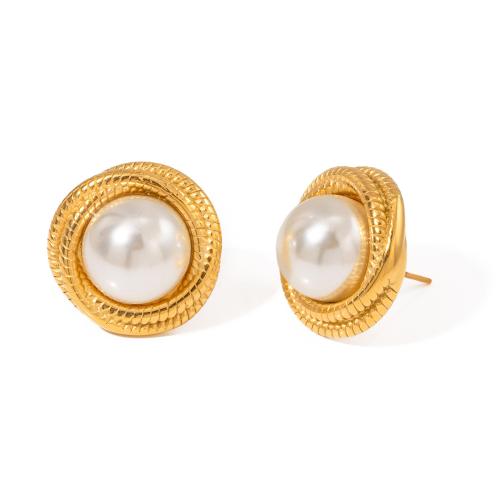 Roestvrij staal Stud Earrings, 304 roestvrij staal, met Plastic Pearl, gold plated, mode sieraden, gouden, 22x22mm, Verkocht door pair