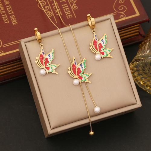 304 Stainless Steel Jewelry Set with Plastic Pearl Butterfly gold color plated & for woman & enamel Sold By PC