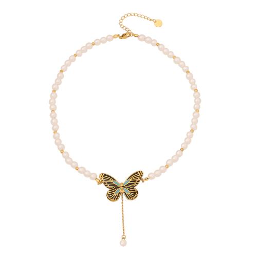 304 Stainless Steel Jewelry Set with Plastic Pearl Butterfly gold color plated & for woman & enamel Sold By PC