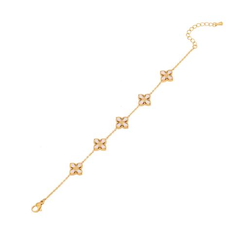 304 Stainless Steel Bracelet with Plastic Pearl with 1.6inch extender chain Flower gold color plated & micro pave cubic zirconia & for woman Length Approx 6.7 Inch Sold By PC