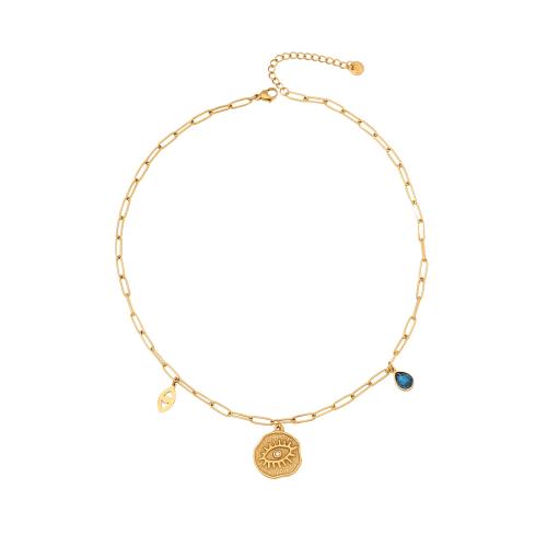 304 Stainless Steel Necklace with 2inch extender chain Evil Eye gold color plated & for woman & enamel & with rhinestone Length Approx 15.7 Inch Sold By PC