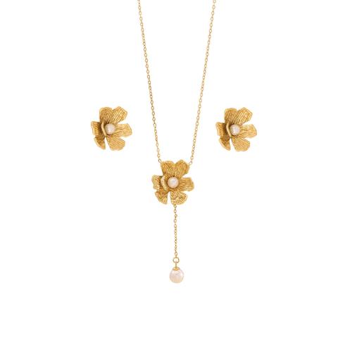 304 Stainless Steel Jewelry Set with Plastic Pearl Flower gold color plated & for woman Sold By PC