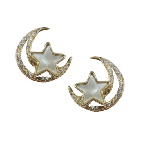 Brass Stud Earring Moon and Star fashion jewelry & for woman & with rhinestone golden Sold By Pair