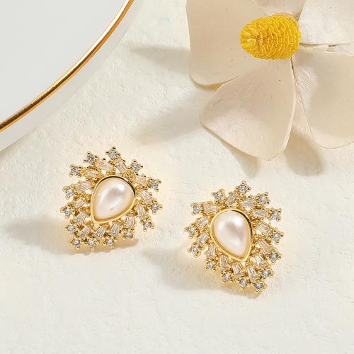 Cubic Zirconia Micro Pave Brass Earring with Plastic Pearl gold color plated fashion jewelry & micro pave cubic zirconia gold nickel lead & cadmium free Sold By Pair